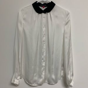Vince Camuto Semi Sheer Pleated Pearly White Button Down with Black Collar